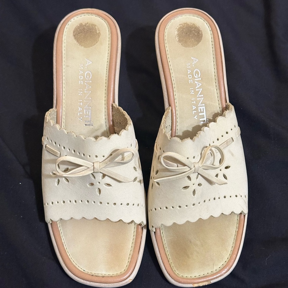 A. Giannetti Cream Mules with Intricate Cut-Out Design